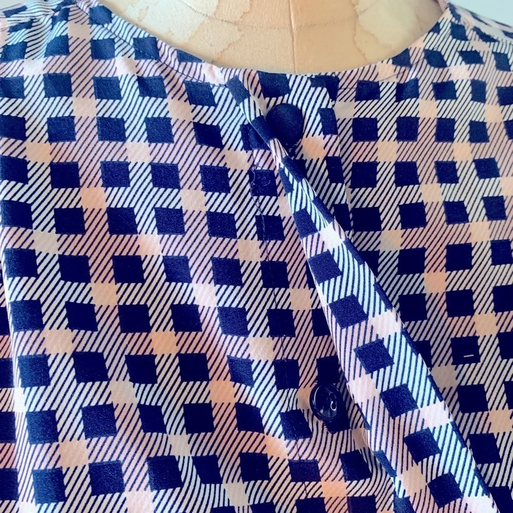 Koret Vintage Geometric Blouse Size 10 Blue White Check Long Sleeve Work Top